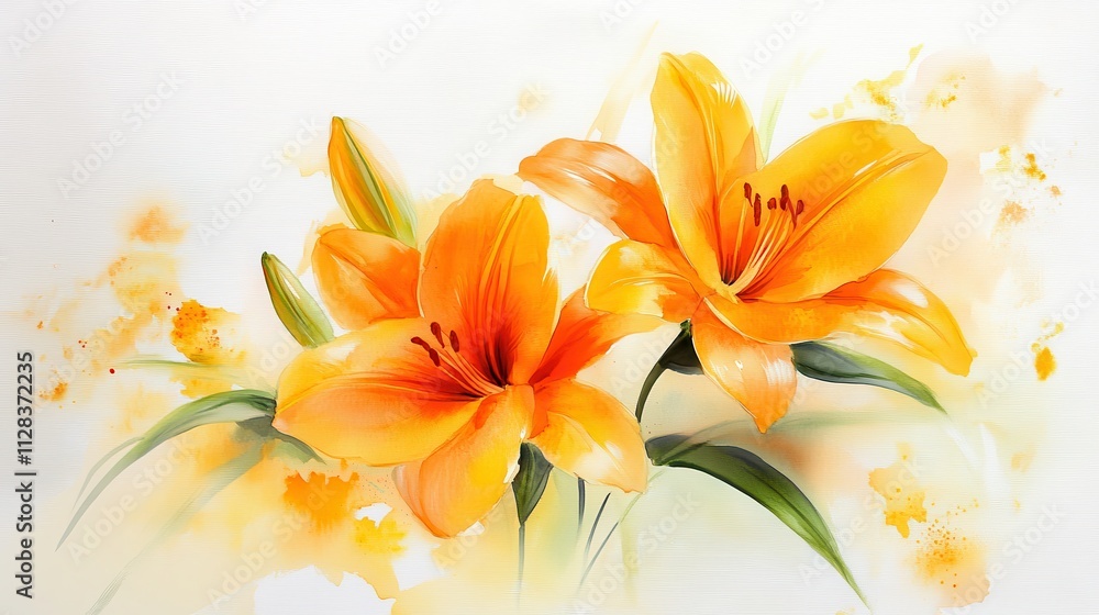 Naklejka premium Vibrant watercolor painting of two orange lilies. Ideal for cards, websites, or any design needing a touch of spring.