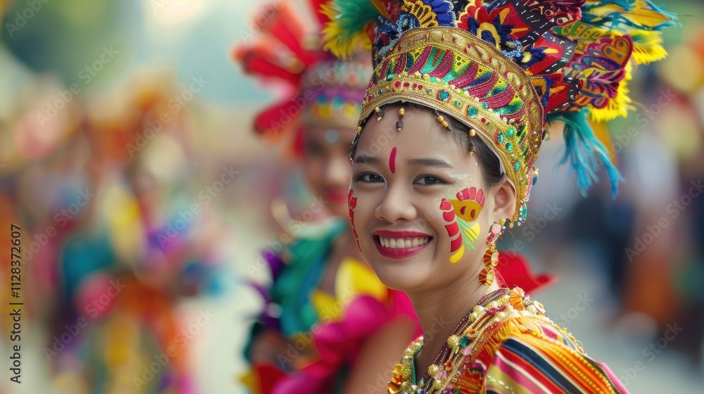 Vibrant cultural attire becomes a soft blur in the parade scene. Vibrant cultural attire becomes a soft blur in the parade scene.