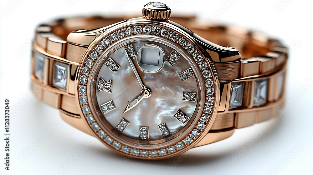 Luxury ladies wristwatch diamondstudded bezel and motherofpearl dial isolated on white background Luxury ladies wristwatch diamondstudded bezel and motherofpearl dial isolated on white background
