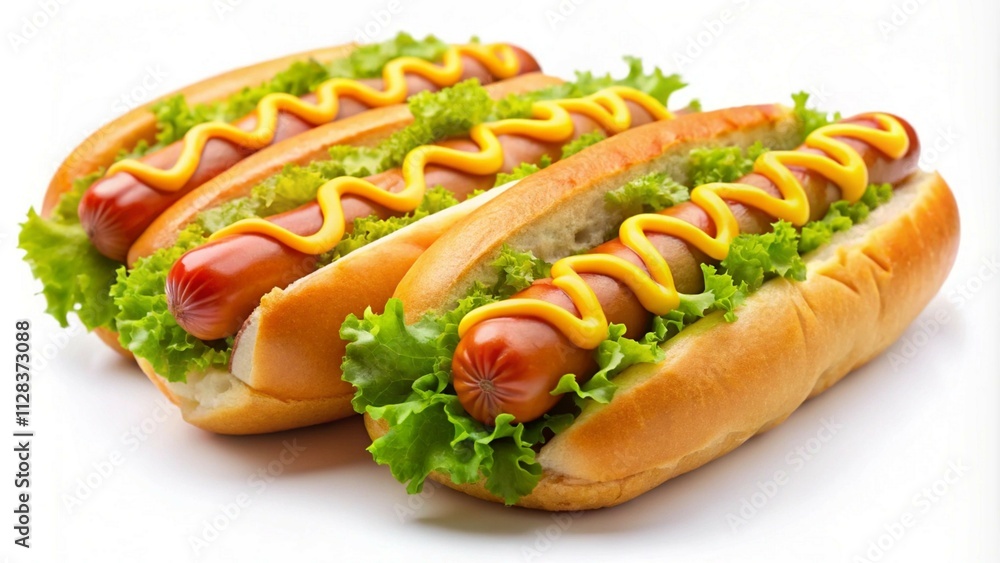 Hot dogs with mustard, served on a white background, simple and tasty snack. Hot dogs with mustard, served on a white background, simple and tasty snack.