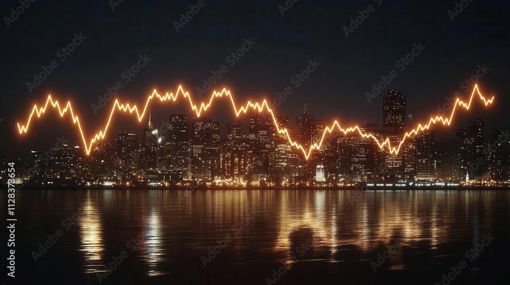 A futuristic graph design glowing over a city skyline at night, representing financial success and urban development A futuristic graph design glowing over a city skyline at night, representing financial success and urban development