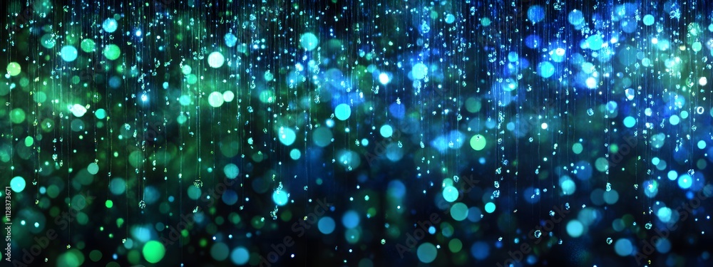 A background of glowing blue and green lights on black, creating an abstract digital rain effect A background of glowing blue and green lights on black, creating an abstract digital rain effect