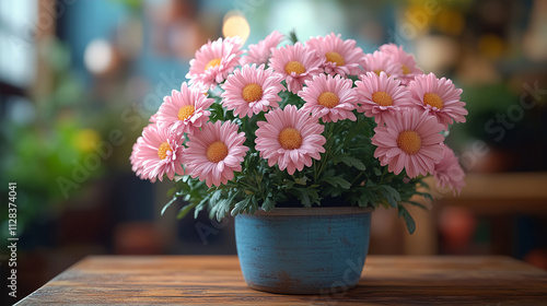 Wallpaper Mural Beautiful pink daisies in a blue pot placed on a wooden table in a bright floral shop with colorful decor. Generative AI Torontodigital.ca