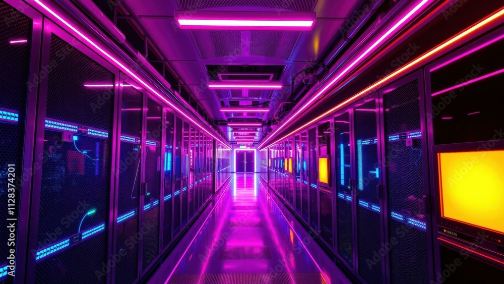 Fototapeta premium Neon-Lit Data Center: Perfect for Technology, Cyberpunk, and Futuristic Themes