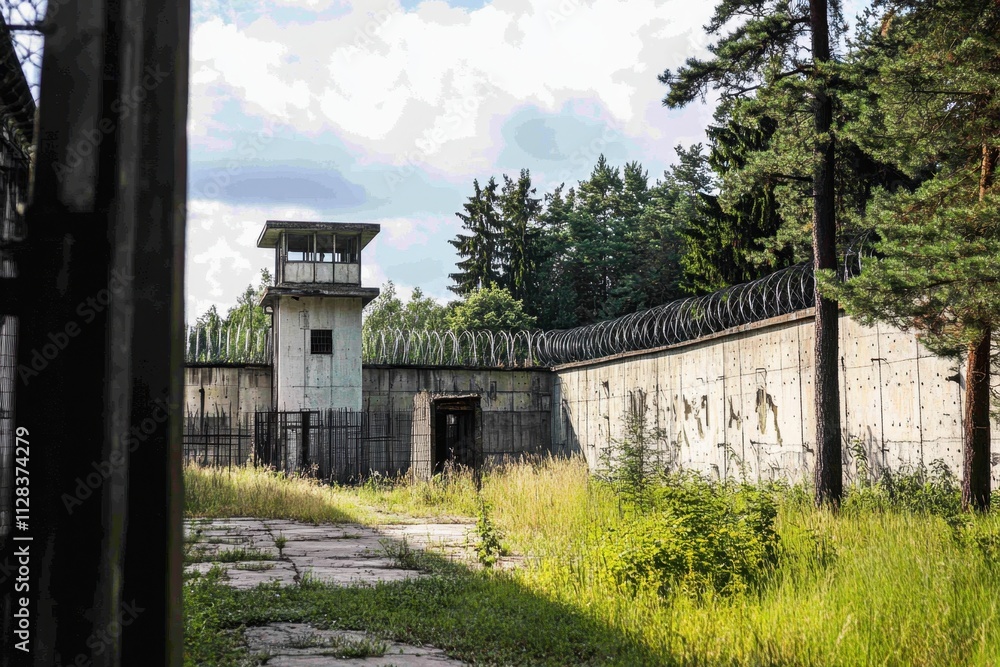 Former prison architecture with watchtower nestled in overgrown landscape during daylight Former prison architecture with watchtower nestled in overgrown landscape during daylight