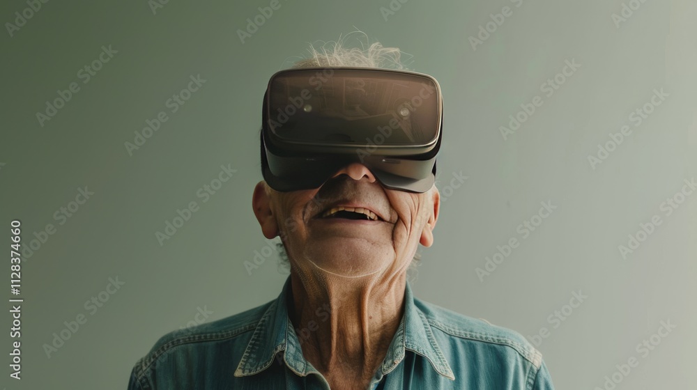 An elderly man wearing opaque virtual reality goggles, with a delighted look An elderly man wearing opaque virtual reality goggles, with a delighted look