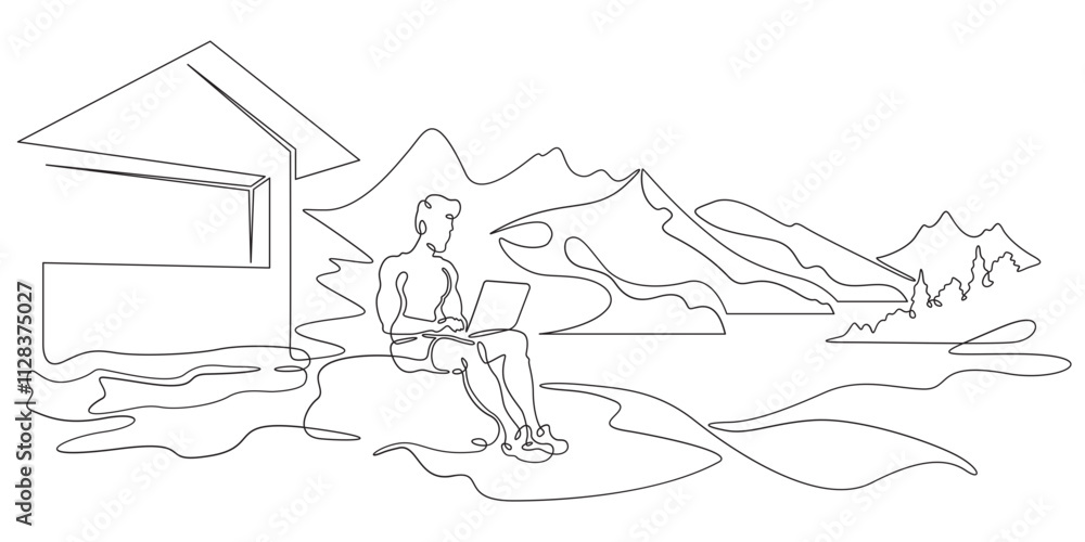 Fototapeta premium Continuous one line drawing handsome man with laptop.Athletic man working remotely on computer in nature in summer.Beautiful landscape. One continuous line isolated minimal illustration.Not AI.