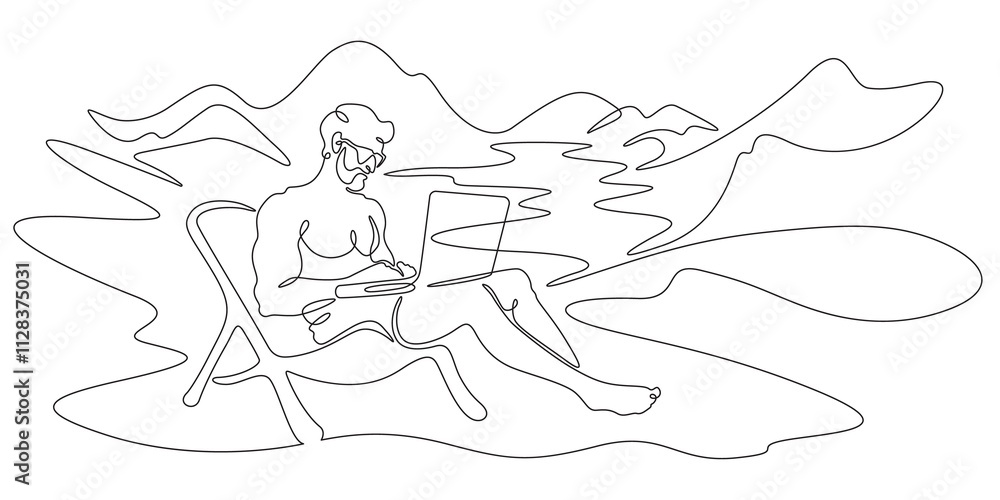 Continuous one line drawing handsome man with laptop.Athletic man working remotely on computer in nature in summer.Beautiful landscape. One continuous line isolated minimal illustration.Not AI. Continuous one line drawing handsome man with laptop.Athletic man working remotely on computer in nature in summer.Beautiful landscape. One continuous line isolated minimal illustration.Not AI.