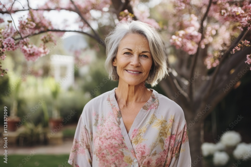 Portrait of a senior woman standing in front of a blooming tree Portrait of a senior woman standing in front of a blooming tree
