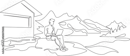 Continuous one line drawing handsome man with laptop.Athletic man working remotely on computer in nature in summer.Beautiful landscape.  One continuous line isolated minimal illustration.Not AI.