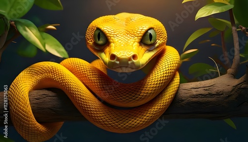 A close-up of a yellow snake slithering on a tree branch, showcasing its scales, eyes, and tongue in a natural wildlife setting photo