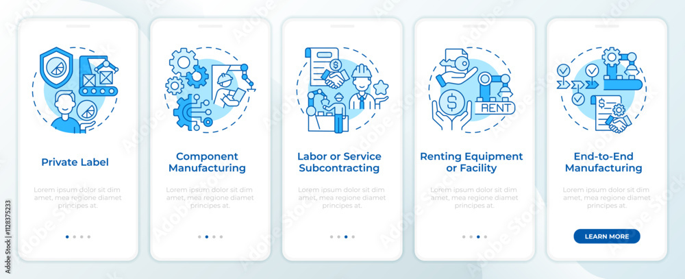 Manufacturing agreements blue onboarding mobile app screen. Walkthrough 5 steps editable graphic instructions with linear concepts. UI, UX, GUI template. Montserrat SemiBold, Regular fonts used Manufacturing agreements blue onboarding mobile app screen. Walkthrough 5 steps editable graphic instructions with linear concepts. UI, UX, GUI template. Montserrat SemiBold, Regular fonts used
