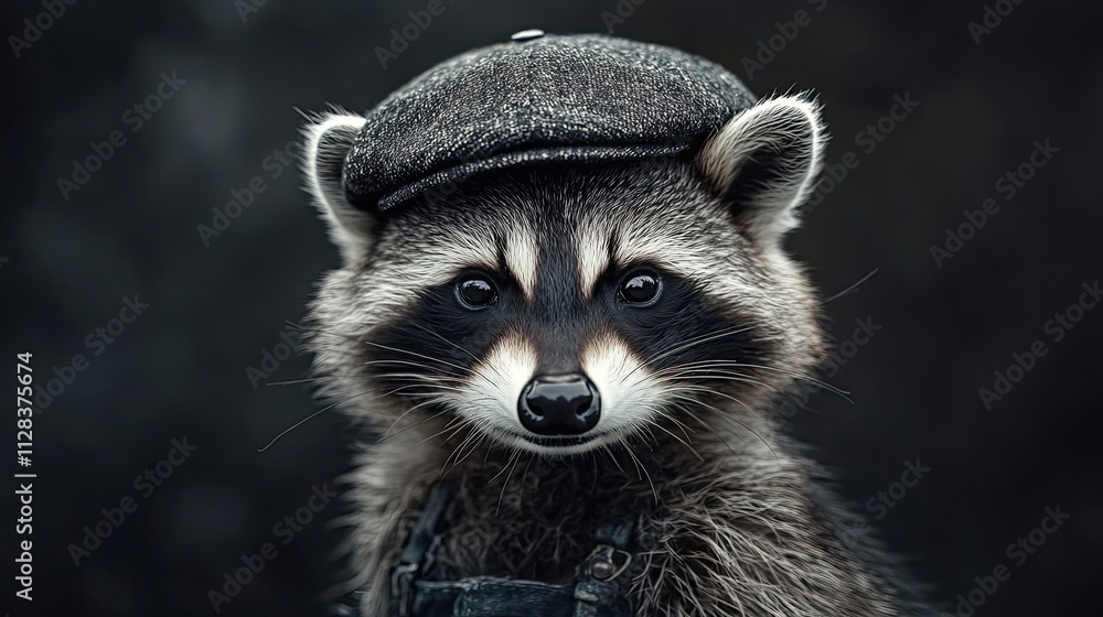 A Raccoon Wearing a Flat Cap Gazes Directly at the Camera A Raccoon Wearing a Flat Cap Gazes Directly at the Camera