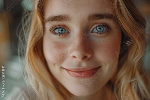 Portrait of happy young blonde woman indoors smiling.