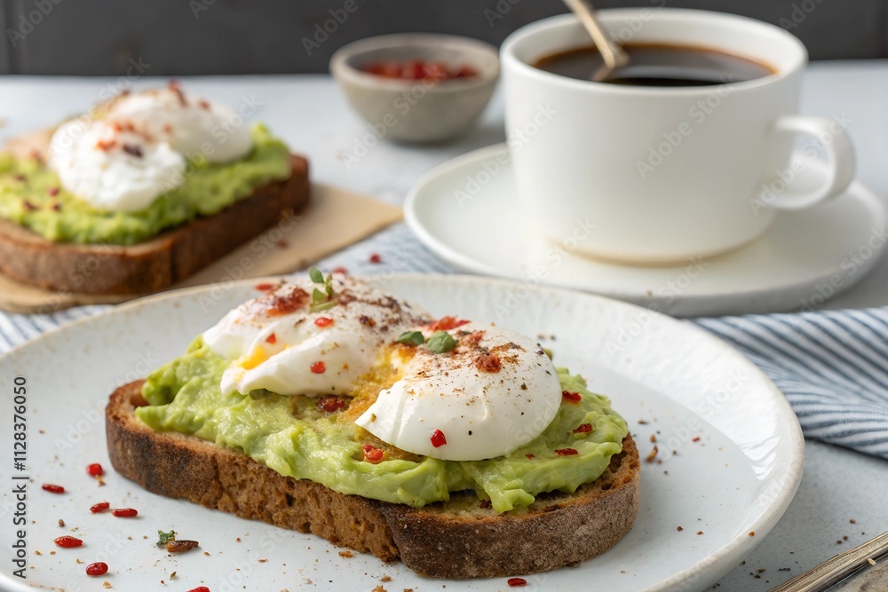 Gluten-free avocado toast with poached eggs and chili flakes, placed on a ceramic plate with a cup of coffee in the background Gluten-free avocado toast with poached eggs and chili flakes, placed on a ceramic plate with a cup of coffee in the background