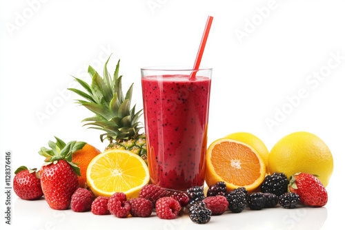 Red smoothie with raspberry, blackberry, tangerine, pineapple and orange for a healthy diet. In a glass glass and with a tube on a white background