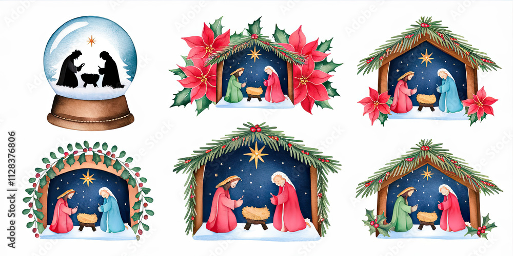 Fototapeta premium Watercolor Christmas Nativity Scenes Snow Globe Holiday Illustrations