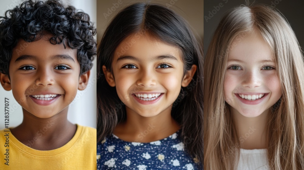 Closeup of three diverse kids, a Black boy with a playful grin and short curly hair, a South Asian girl with a bright smile and medium-length hair Closeup of three diverse kids, a Black boy with a playful grin and short curly hair, a South Asian girl with a bright smile and medium-length hair
