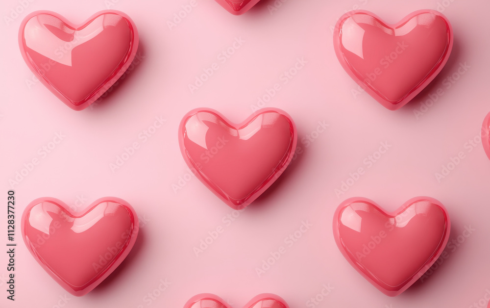 Glossy heart shapes arranged on pastel pink background create playful vibe Glossy heart shapes arranged on pastel pink background create playful vibe