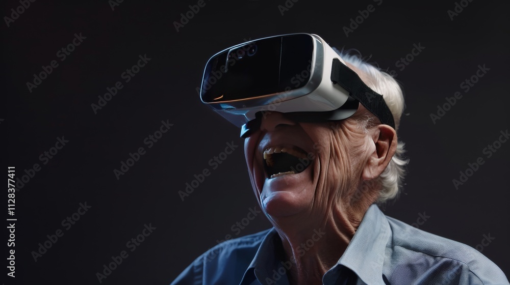 An elderly man wearing opaque virtual reality goggles, with an expression of amazement and wonder An elderly man wearing opaque virtual reality goggles, with an expression of amazement and wonder