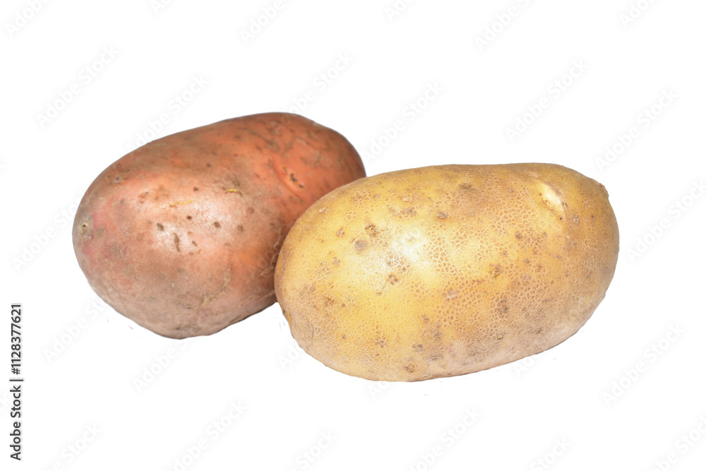Potato tubers ready for cooking lie on a white background. Potato tubers ready for cooking lie on a white background.