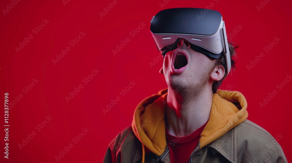 A young man wearing opaque virtual reality goggles, looking upward in awe A young man wearing opaque virtual reality goggles, looking upward in awe