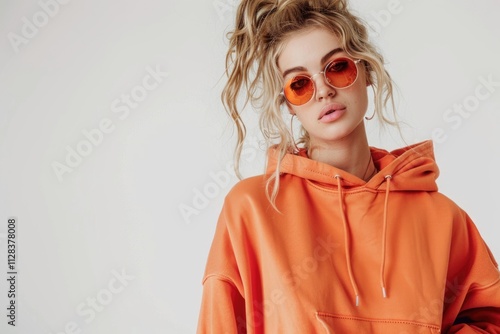Confident blonde woman in trendy orange hoodie poses indoors.