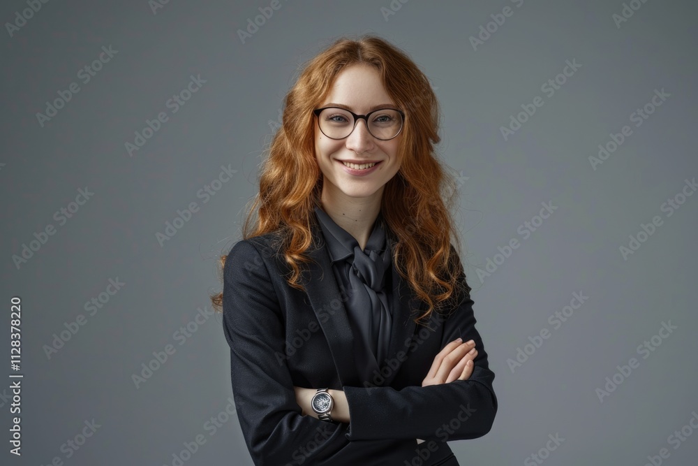 Portrait of a smiling business woman with crossed arms isolated on gray background. Portrait of a smiling business woman with crossed arms isolated on gray background.