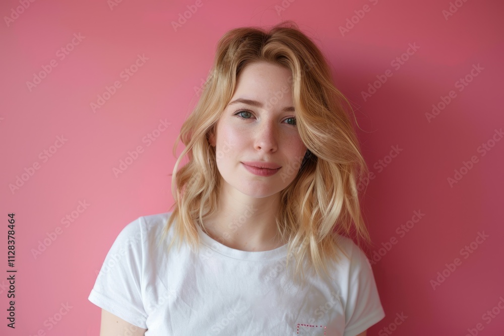 Happy successful blonde woman in white t shirt on pink background. Happy successful blonde woman in white t shirt on pink background.