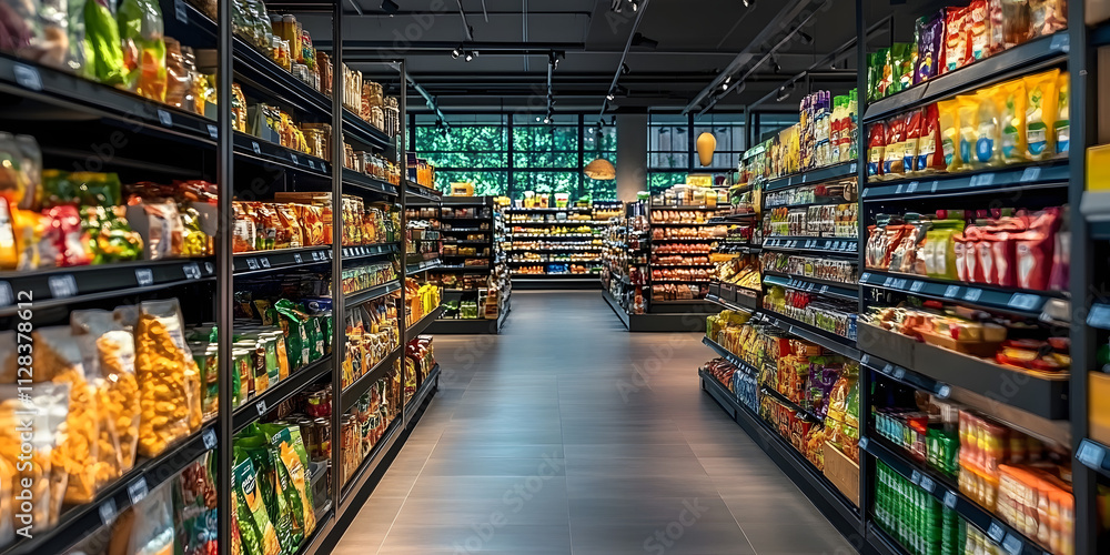 A large grocery store with many shelves of snacks and beverages