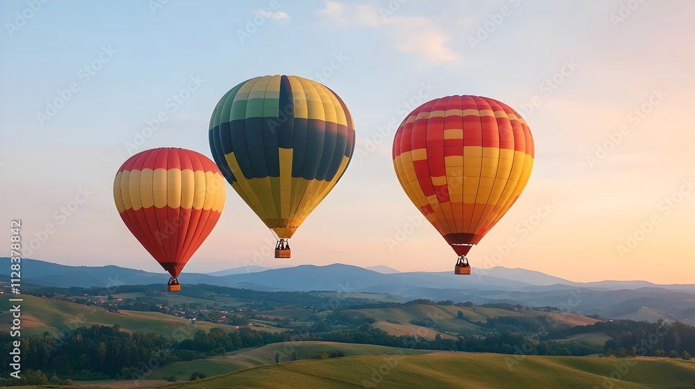 Fototapeta premium Breathtaking hot air balloons gracefully floating above a serene and picturesque valley bathed in the warm glow of the rising sun creating a truly magical and captivating scene
