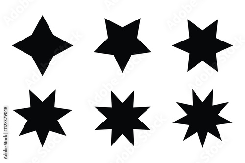 Stars with 4 5 6 7 8 and  points isolated on white