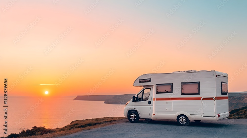 Scenic view of a motorhome or camper van parked by a cliffside overlooking the vast ocean and a breathtaking sunset landscape Scenic view of a motorhome or camper van parked by a cliffside overlooking the vast ocean and a breathtaking sunset landscape