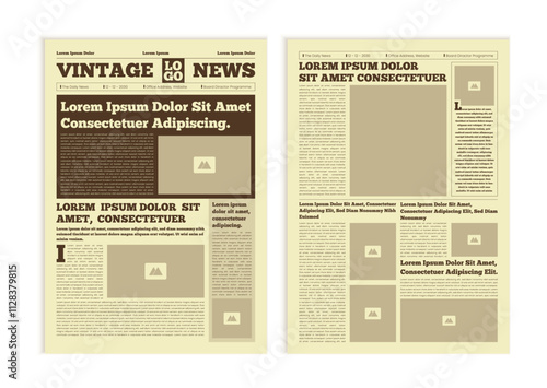 Vintage newspaper with text and image placeholder. Brochure newspaper pages with headline. Paper retro journal vector template. News articles newsprint magazine old design