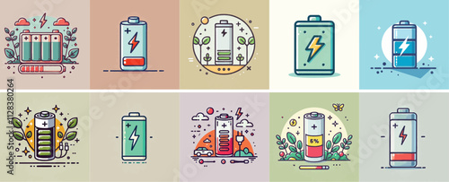 Battery vector set with simple and minimalist flat design style