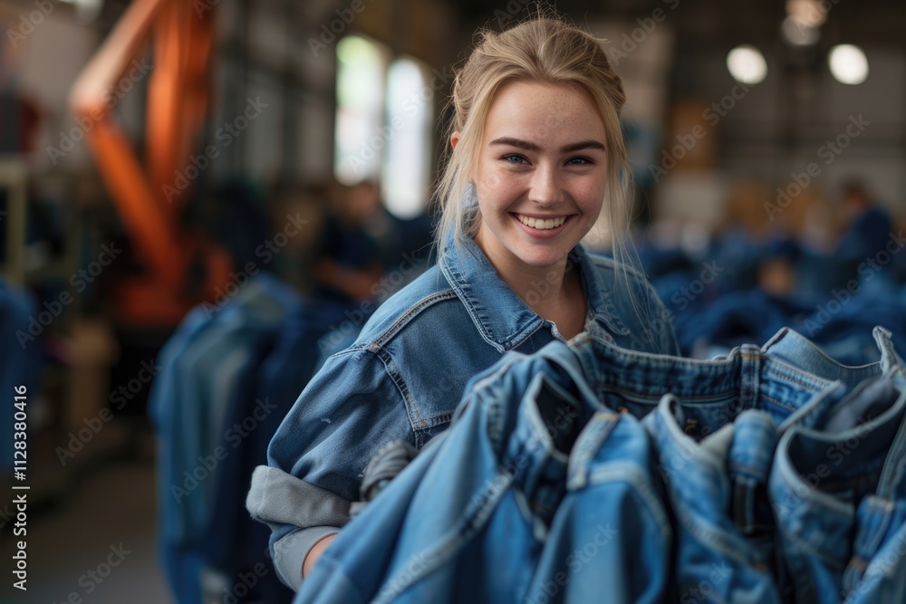 Young blonde woman volunteer smiling confident folding jeans to donate at charity center Young blonde woman volunteer smiling confident folding jeans to donate at charity center