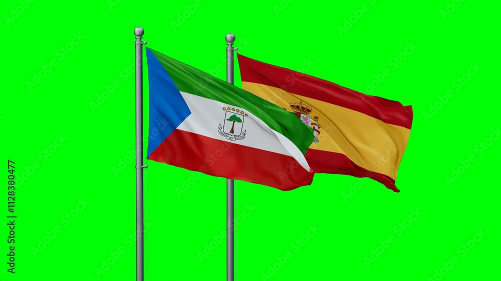 Spain and Equatorial Guinea flags flying together, video concept of the relationship with colored chroma key for easy background remove, two country cooperation concept Spain and Equatorial Guinea flags flying together, video concept of the relationship with colored chroma key for easy background remove, two country cooperation concept