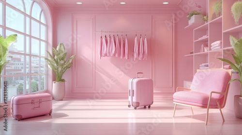 a background of pink and purple with clothes hanging on a rack a luggage bag and a chair imaginative arrangement copy space on a light background web page studio and retail fashio
