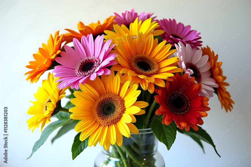 Cheerful Multicolored Gerbera Daisies Arrangement in Clear Glass Against White Background Cheerful Multicolored Gerbera Daisies Arrangement in Clear Glass Against White Background