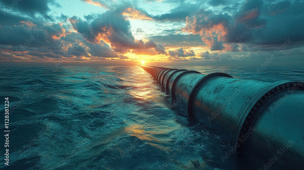 a big green industrial pipe that originates on land flows into the ocean and bends downward as it submerge a big green industrial pipe that originates on land flows into the ocean and bends downward as it submerge