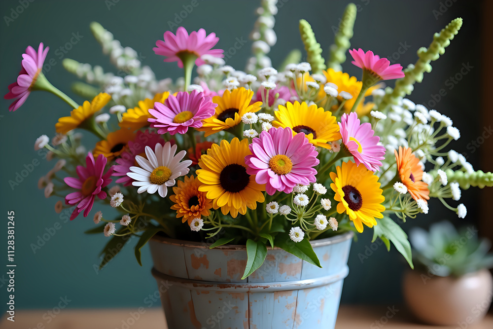 custom made wallpaper toronto digitalCountry-Style Mixed Daisy Bouquet in Vintage Blue Wooden Container with Natural Backdrop