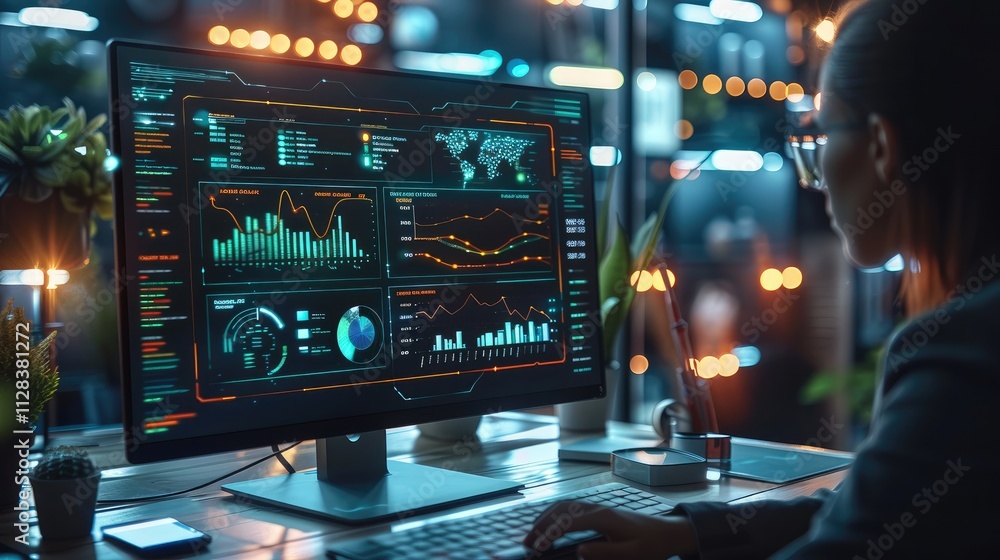 A modern workspace with a person working on a sleek computer, surrounded by glowing holographic charts and graphs showing audience demographics, behavioral insights, and market trends. A modern workspace with a person working on a sleek computer, surrounded by glowing holographic charts and graphs showing audience demographics, behavioral insights, and market trends.