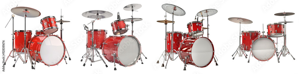 Red drum set with silver hardware isolated on transparent background, Set of Red drum set with silver hardware isolated on transparent background, Set of