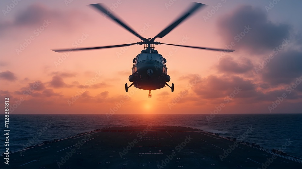 Aerial View of Helicopter Hovering Gracefully Above a Naval Ship on the Open Ocean Poised for a Smooth Touchdown on the Ship s Deck as Part of a Military or Rescue Aerial View of Helicopter Hovering Gracefully Above a Naval Ship on the Open Ocean Poised for a Smooth Touchdown on the Ship s Deck as Part of a Military or Rescue