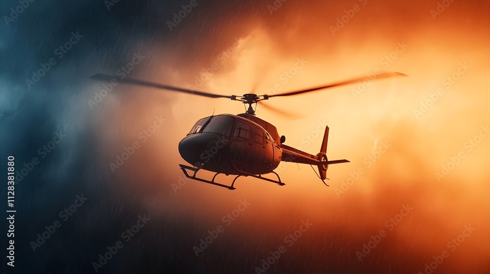Dramatic aerial view of a helicopter soaring through a turbulent stormy sky filled with ominous dark clouds and flashes of lightning in the distance capturing a sense of power and adventure Dramatic aerial view of a helicopter soaring through a turbulent stormy sky filled with ominous dark clouds and flashes of lightning in the distance capturing a sense of power and adventure