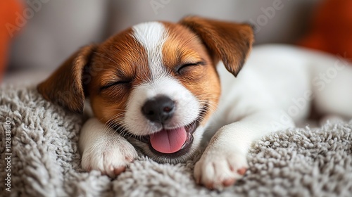 Sleepy puppy midyawn halfclosed eyes and a peaceful expression perfect for capturing tranquil pet moments isolated on white background photo