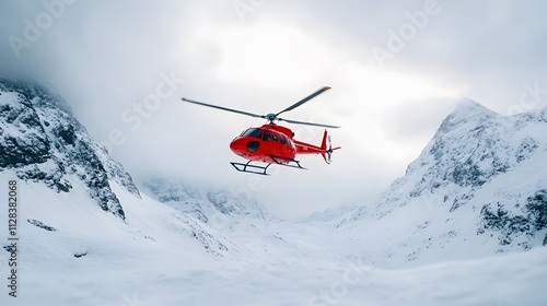 Rescue helicopter flying over a snow covered mountain preparing for a critical winter rescue in the wilderness