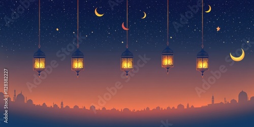 Ramadan Night Sky: Illuminated Lanterns Over a Cityscape photo