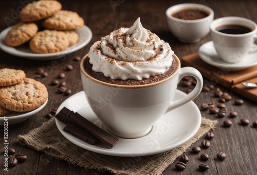 Melange coffee.Delicious hot chocolate topped with whipped cream and chocolate, served with cookies and coffee 