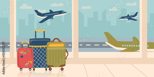 Airport interior banner. Suitcases on the foreground and view of airplanes from the airport window. Family travel, vacation and business trip concepts. Flat vector illustration background. 